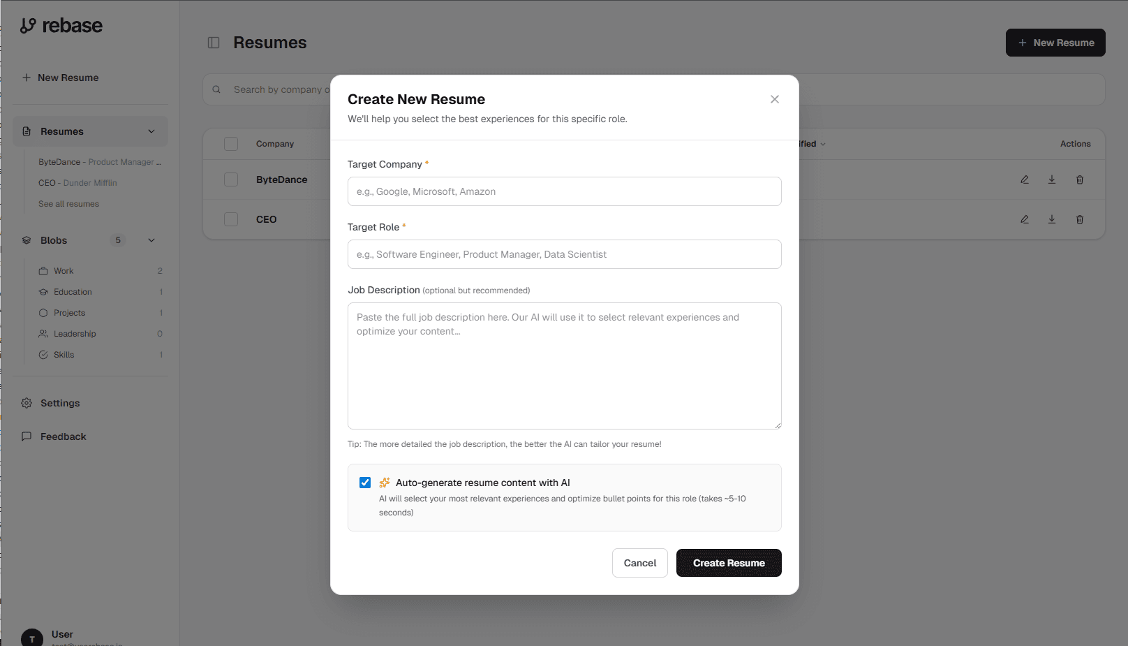 Screenshot showing AI matching the best resume content to a job